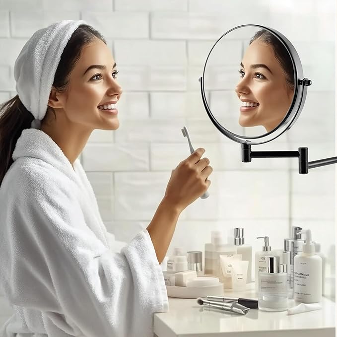 JANEEVA 8" Wall Mounted Makeup Mirror, 1X/10X Magnifying Mirror with 360° Extendable Arm, Double Sided Bathroom Vanity Mirror for Man & Woman (Matte Black)