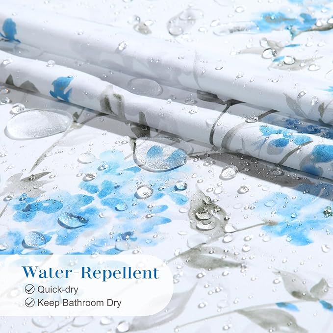 Blue Gray Floral Fabric Shower Curtain, Watercolor Flower Plant Shower Curtain, Waterproof Decorative Boho Botanical Bathroom Curtains, 72" W x 72" H