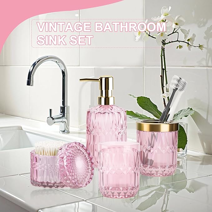 Pink Bathroom Accessories Set, 5Pack Clear Glass Bathroom Accessories, Includes Lotion Soap Dispenser, Toothbrush Holder, Qtip Holder and Soap Dish, Vintage Bathroom Decor