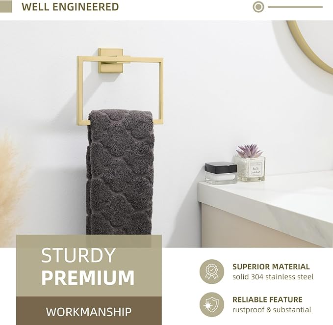 Angle Simple Towel Ring Square, SUS304 Stainless Steel Hand Towel Holder for Bathroom Wall, 7.09 Inches, Brushed Gold