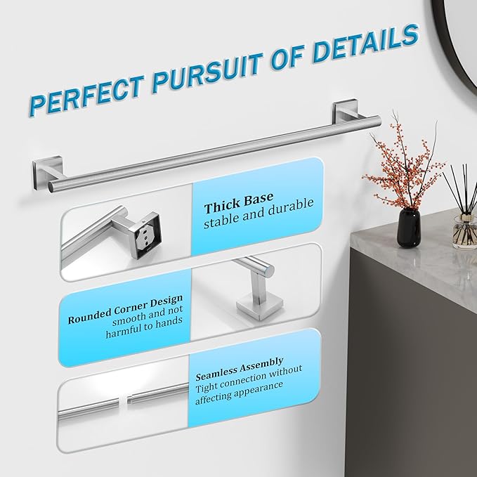 Alise 28 Inch Bathroom Towel Bar, SUS304 Stainless Steel Towel Racks for Bathroom, Towel Rack Wall Mounted Heavy Duty Hand Towel Holder Single Towel Bar, Brushed Nickel