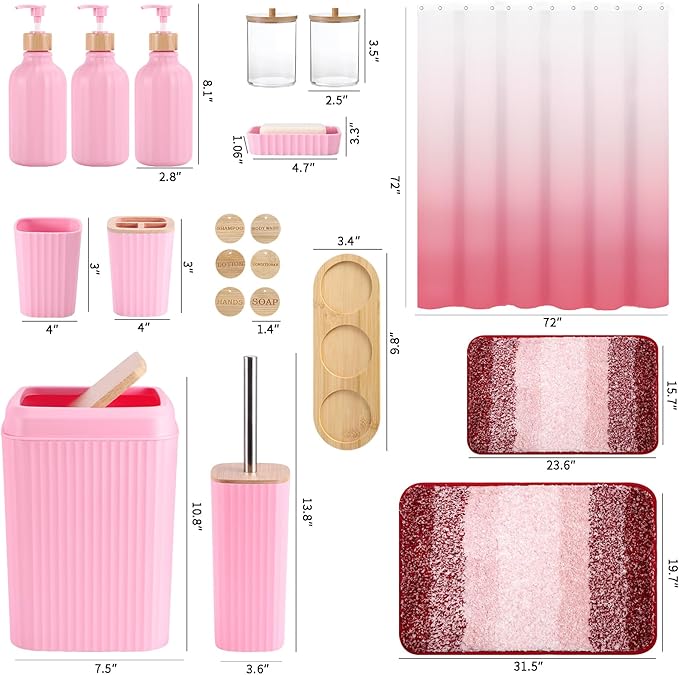 XLHOMO Bathroom Accessories,Bathroom Set with Shower Curtain,Rugs,Trash Can,Lotion Soap Dispenser,Toothbrush Holder,Soap Dish, Tags with Tray（Pink1 ），（Bath Set+Shower Curtain+Bath Rugs）