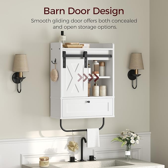 MAHANCRIS Bathroom Wall Cabinet, Farmhouse Medicine Cabinets with Sliding Door, Wall Mounted Storage Cabinet with Adjustable Shelf and Towel Bar, for Bathroom, Living Room, Kitchen, White