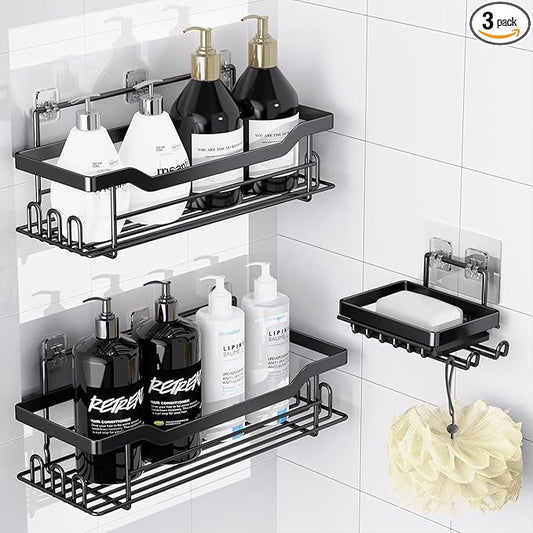 Shower Caddy Shelves Organizer, 3 Pack with Soap Holder, No Drilling Wall Mounted Self Adhesive Shelves, Matte Black