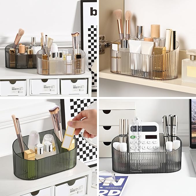 DASITON Large Capacity Makeup Brush Holder,5 Slot Makeup Brush Holder,Vintage striped Make Up Brush Holder,for Vanity Decor,Bathroom Countertops,Desk Storage Container,Cosmetic Display cases(Grey)