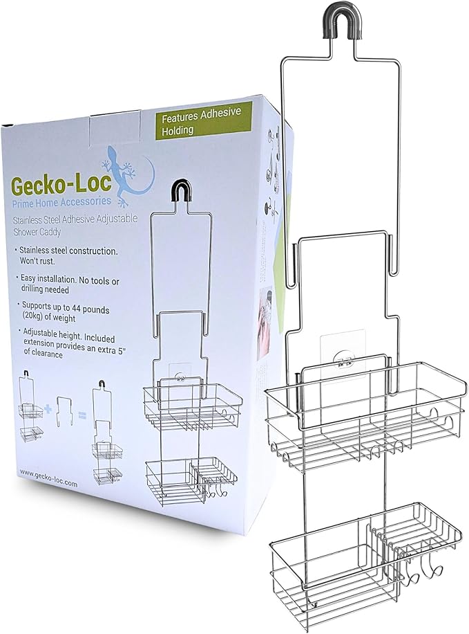 Gecko-Loc Extra-Long Adjustable Over-the-Showerhead Shower Caddy – Rustproof Stainless Steel Organizer with Suction Stabilizer, Deep Basket & Hooks – No-Drill, Tool-Free Installation (Silver)