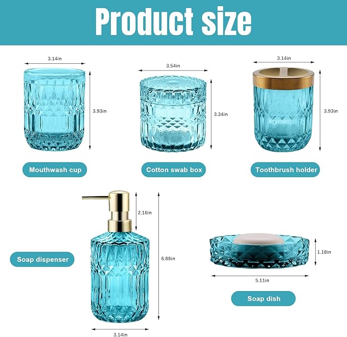 5Pcs Cyan Bathroom Accessories Set, Glass Bathroom Accessories, Vintage Bathroom Countertop Decoration Includes Soap Dispenser, Toothbrush Holder, Qtip Holder,Soap Dish and Rinsing Cup