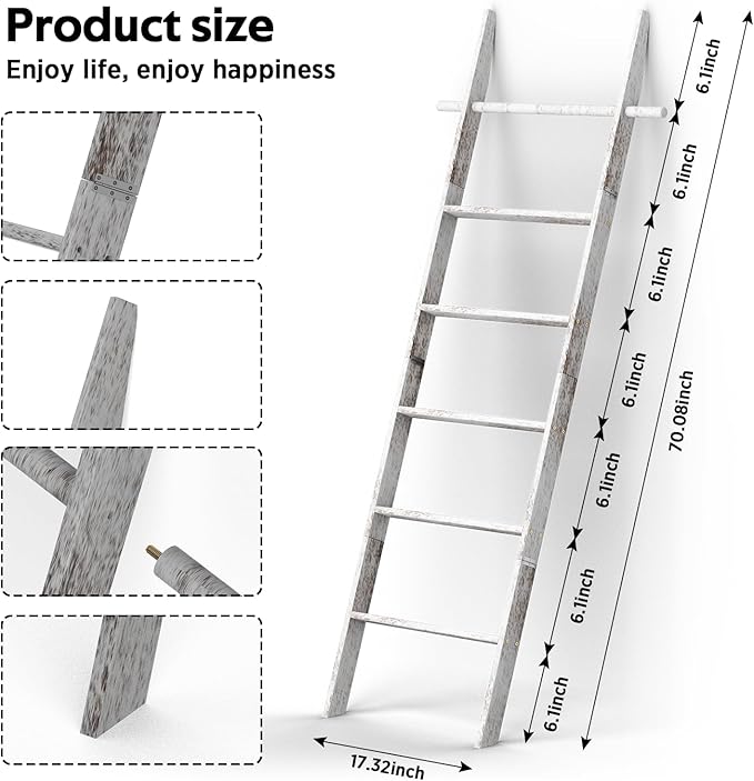 Farmhouse Wooden Blanket Ladder Living Room with Removable Hooks, 6-Tier Blanket Rack Decorative Stand, Leaning Towel Quilt Rack Holder for Bathroom Decor Rustic White
