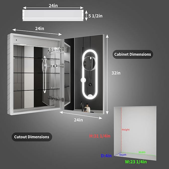 ExBrite 24 x 32 Lighted Medicine Cabinet with Mirror, Front&Backlit led Medicine Cabinet,Defog,5X Magnifier,3 Colors Temper Dimmable,Surface or Recessed Mount,Hinge on the Right