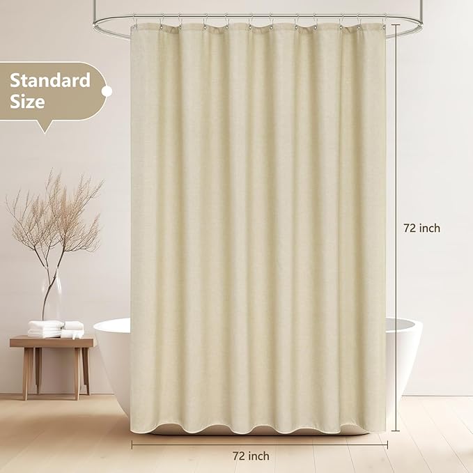 Natural Linen Look Farmhouse Shower Curtain Beige, Heavy Duty Faux Linen Fabric Shower Curtain Water Resistant, 72 x 72 inch Hotel Quality Washable Cream Shower Curtains for Bathroom