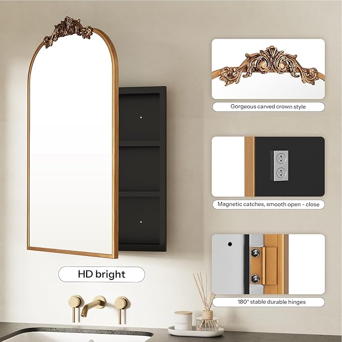24x35 Inch Bathroom Medicine Cabinet with Mirror, Recessed or Surface Mount, Sturdy, Durable & Easy Installation, Vintage Metal Frame(Gold)