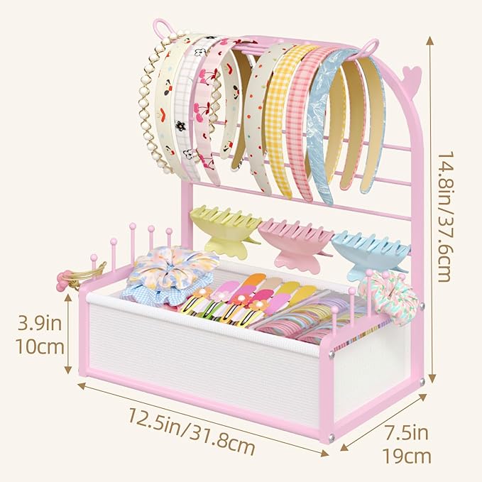 Hair Accessories Organizer for Girls, Headband Holder Stand with Storage Base, Deer Antler Display for Headbands, Scrunchies, Bows & Clips, Cute Vanity Organizer, Pink