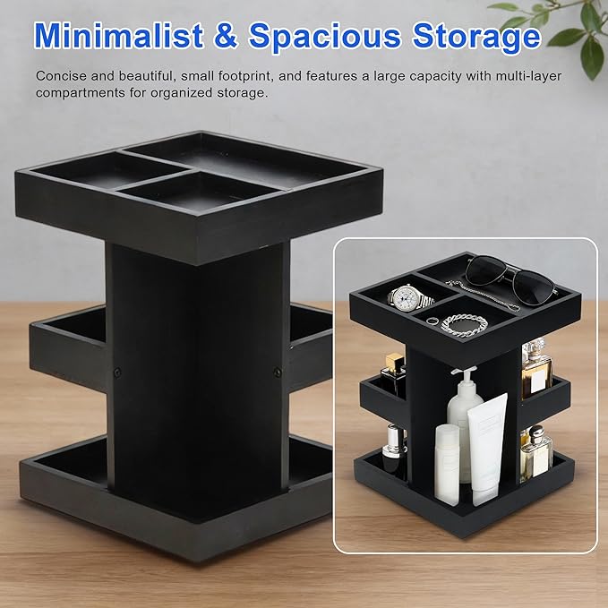 Top-spring Cologne Organizer for Men Men's Cologne Stand 360° Rotating Wood Perfume Organizer 3 Tier Wooden Perfume Shelf Display Holder for Dresser Desk Organizer, Black Organizador de Perfumes