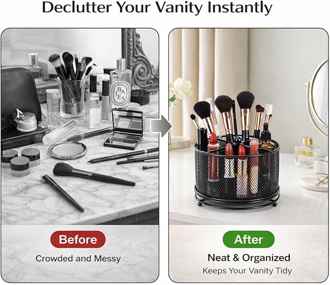 360° Rotating Makeup Brush Holder, Metal Perfume Organizer, 4 Compartments Desk Storage, Makeup Organizer Countertop for Vanity, Desktop, Bathroom, Black