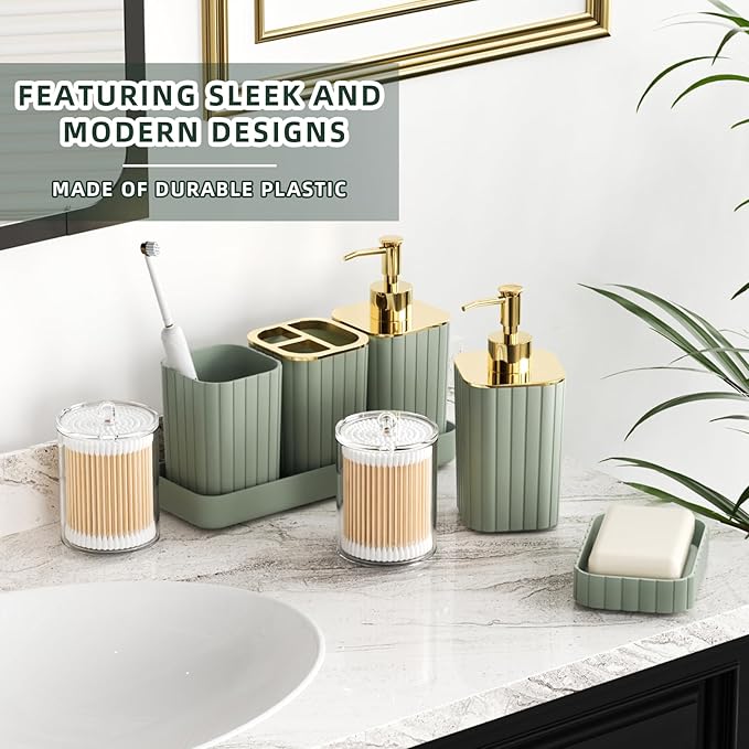 XLHOMO 26PC Bathroom Accessories Set - Gorgeous Sage Green Bathroom Set, Bathroom Accessory Set, Shower Curtain Set with Bathtub Mats for Shower Tub, Trash Can & Soap Dispenser
