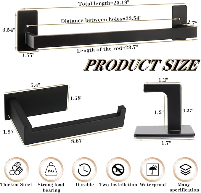 5 Pieces Self Adhesive Bathroom Hardware Set-SUS304 Stainless Steel-Towel Rack Set Include 24″Towel Bar+Toilet Paper Holder+3 Towel/Robe Hooks Bathroom Accessory Towel Bar Set (Black, 24 in)