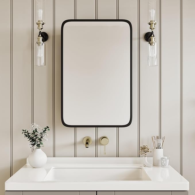 AGDULL Vintage-Style Bathroom Wood Black Cabinet with 16.5''x24'' Black Metal Frame Curved Mirror, Recessed Medicine Cabinet, in Wall or Surface Mount Bathroom Storage Cabinet