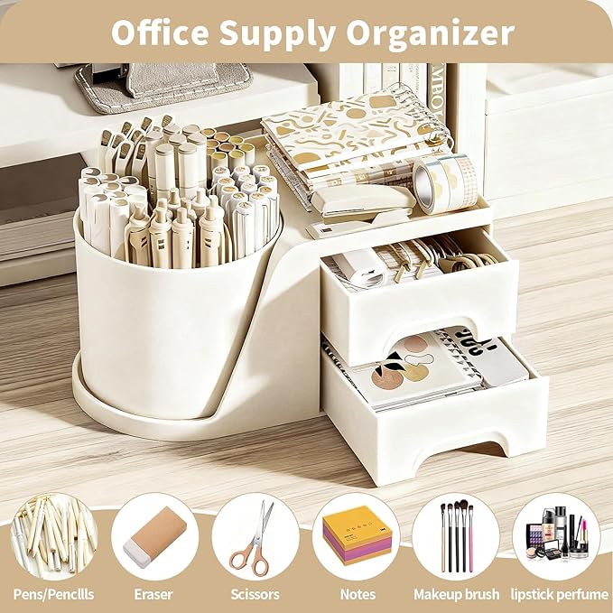 KHNR Makeup Organizer for Vanity, Vanity Organizer with 2 Drawers and Rotating Brush Holder, Bathroom Organizer Countertop, Cosmetic Organizer for,Lipsticks,Nail Polish (White)