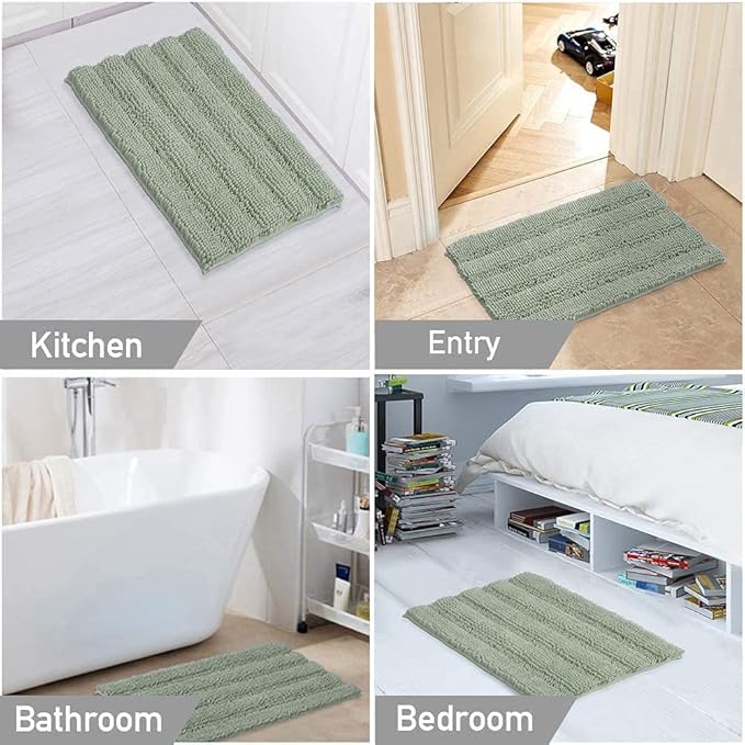 Turquoize Luxury Chenille Bath Rug for Bathroom Rugs Extra Absorbent Bath Mat Non Slip Microfiber Shower Rug for Bathroom Microfiber Shaggy Carpet Rug Size, 17"x 24", Sage