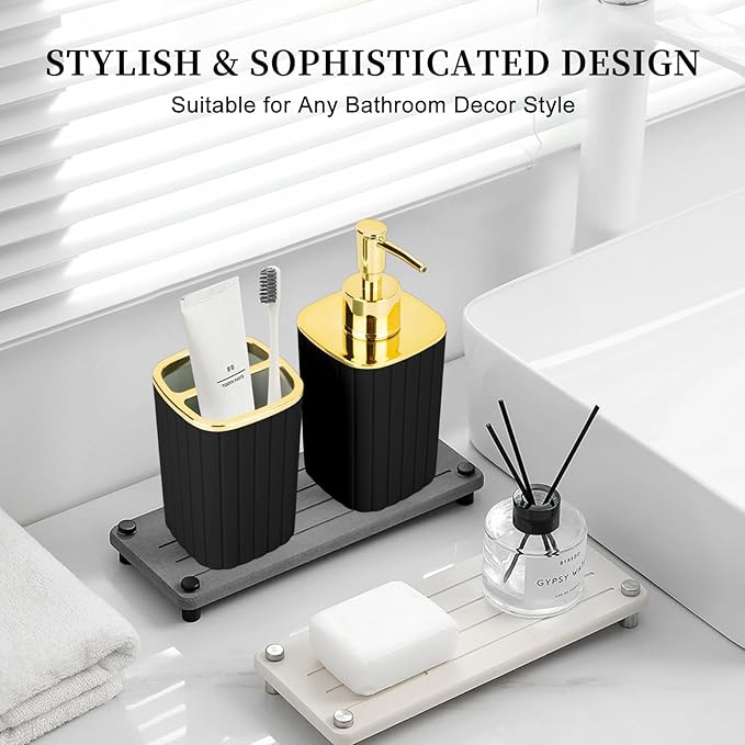 2PCS Bathroom Accessories Set, Black and Gold Bathroom Accessories Include Soap Dispenser and Toothbrush Holder for Boho Bathroom Decor