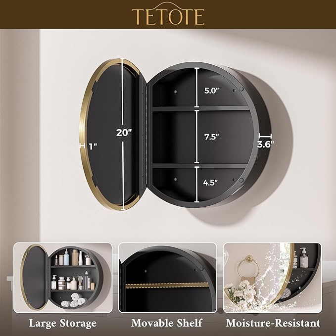 TETOTE Gold Medicine Cabinet with Mirror Round Medicine Cabinets 20 x 20 for Bathroom Modern Bathroom Organizer with Shelves Adjustable Shelves Wall Mounted