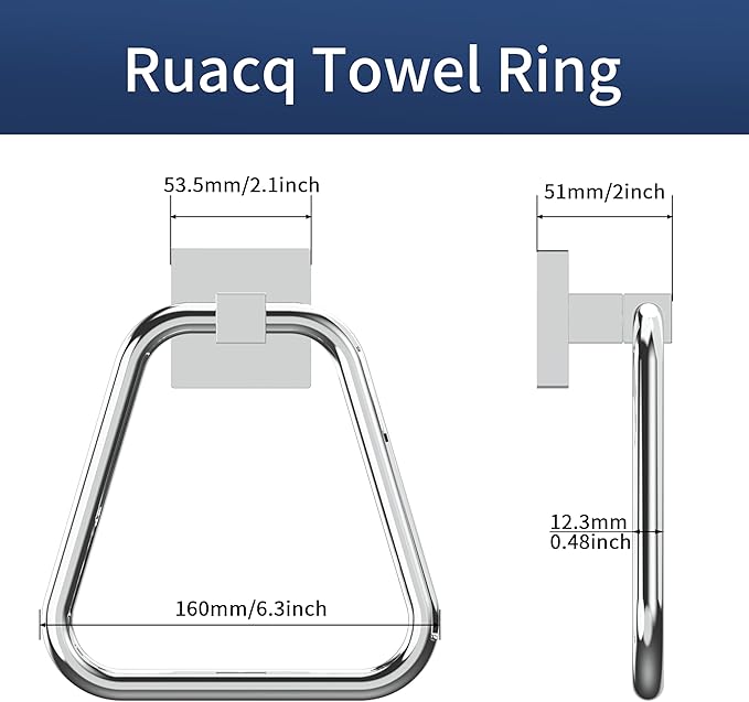 RUACQ Towel Ring, Square Base Hand Towel Ring, Stainless Steel Hand Towel Holder for Bathroom Wall, Sturdy and Rust-Resistant (Chrome)