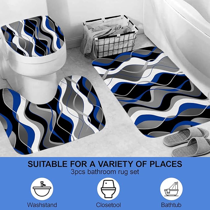 beifivcl 4Pcs Blue Shower Curtain Sets with Non-Slip Rugs, Toilet Lid Cover and Bath Mat, Black and Gray Bathroom Decor Set Accessories Fabric Waterproof Shower Curtains with 12 Hooks, 72 x 72 Inch