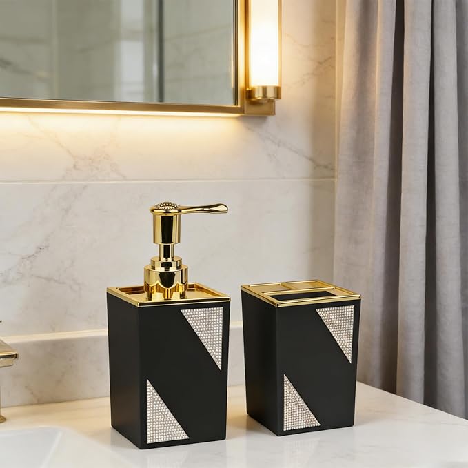 Bathroom Accessories Set, Square 2-Piece Black Soap Dispenser & Toothbrush Holder with Sparkling Inlaid Diamonds, Modern Geometric Vanity Set