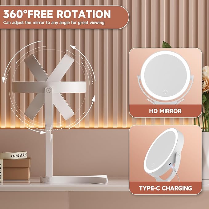 Hasipu Portable Travel Makeup Mirror with Lights – 360° Rotating with 1X/10X Magnifying, Rechargeable Tabletop Handhold Hanging 3 in 1 Mirror (White)