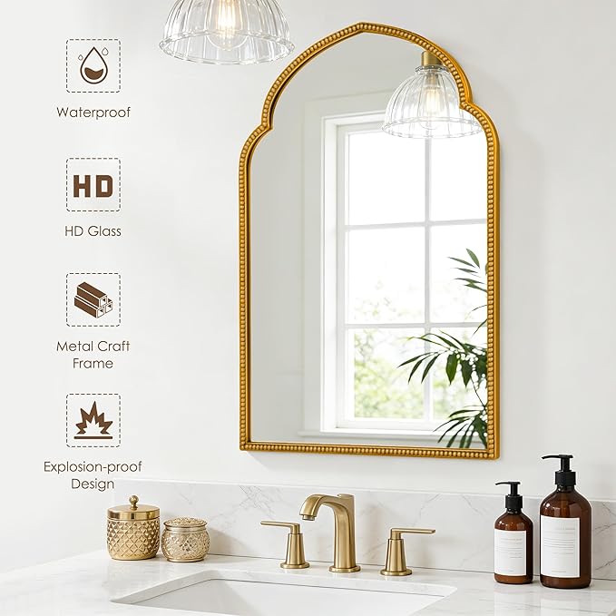 SogesHome Wall-Mounted Bathroom Mirror Cabinet, Irregular Arched Design, 19.7 x 29.9 Inch Retro Elegant Decoration Medicine Cabinet with Removable Shelves, Recessed Vanity Organizer, Gold