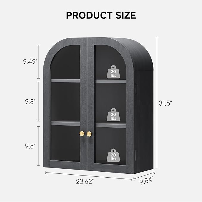 Fatmok Arched Bathroom Wall Cabinet Over The Toilet Storage Cabinet, 23.6"x31.5" Wood Medicine Cabinet Wall Mounted with Glass Doors & Adjustable Shelf, Floating Wall Cabinet for Bathroom(Black)