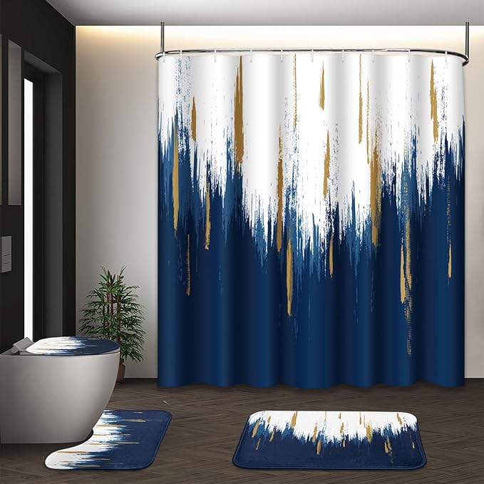 Blue Gold White Shower Curtain Set with Toilet Lid Cover and Non-Slip Rugs for Bathroom, Modern Oil Painting Abstract 4 Pcs Shower Curtain, Bathroom Set with 12 Hooks