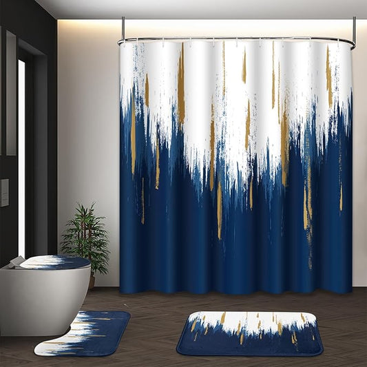 Blue Gold White Shower Curtain Set with Toilet Lid Cover and Non-Slip Rugs for Bathroom, Modern Oil Painting Abstract 4 Pcs Shower Curtain, Bathroom Set with 12 Hooks