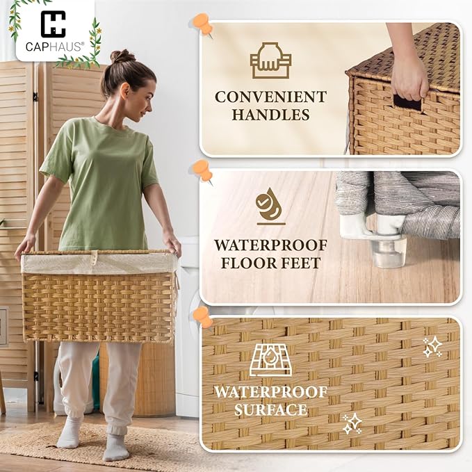 CAPHAUS Laundry Basket w/Lid, Synthetic Rattan Laundry Hamper w/Lid and Handles, 2 Removable Liner Bags, Foldable Clothes Hamper for Laundry, Large Storage Basket w/Lid, 160L, Brown