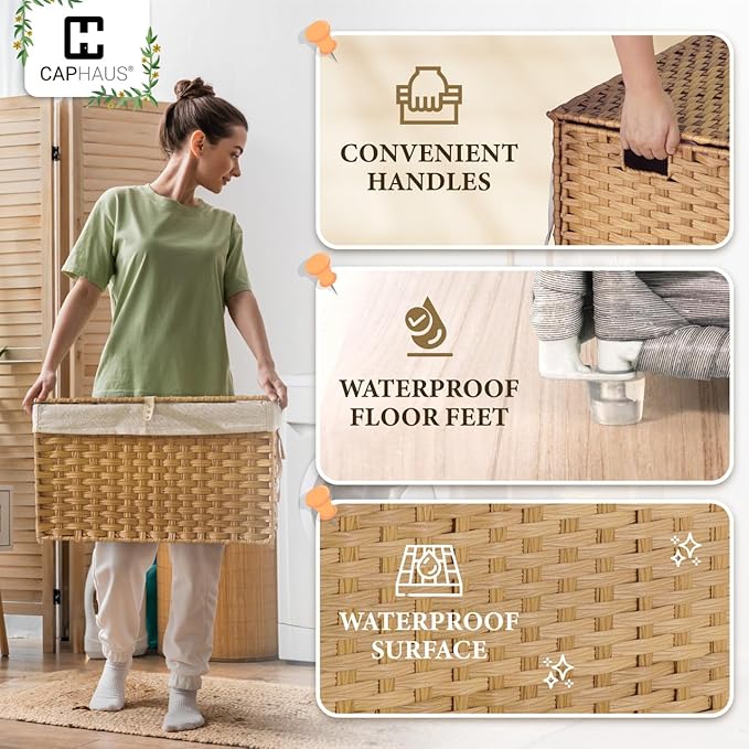 CAPHAUS Laundry Basket w/Lid, Synthetic Rattan Laundry Hamper w/Lid and Handles, 2 Removable Liner Bags, Foldable Clothes Hamper for Laundry, Large Storage Basket w/Lid, 105L, Grey