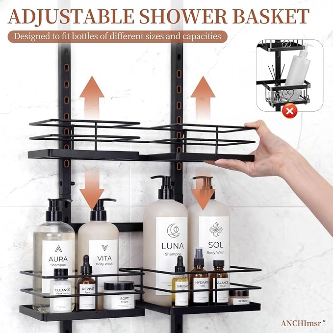 Adjustable Hanging Shower Caddy for Handheld Showerhead, 3-Tier Rustproof Shower Rack Baskets, Anti-Swing Hanging Shower Organizer for Bathroom Storage with 2 S-Hooks, Large Capacity, Black