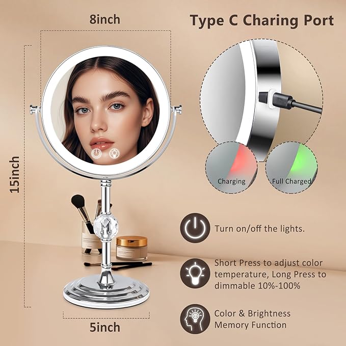 Lighted Makeup Mirror,4000mAh Rechargeable Double Sided Magnifying Mirror 1x/10x with 3 Colors Stepless Dimming, 360° Rotation Vanity Mirror with Lights, Memory Function,Women Gift