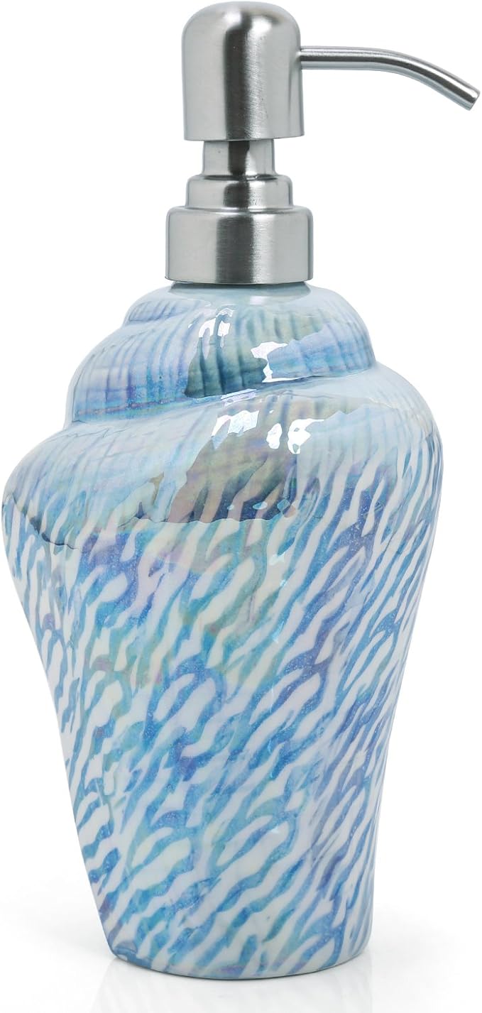 Ocean Conch Sea Shell Ceramic Bathroom Accessories Set of 4,1 Gargle Cups 1 Toothbrush Holders 1 Soap Dishes 1 Soap Dispenser (Blue)