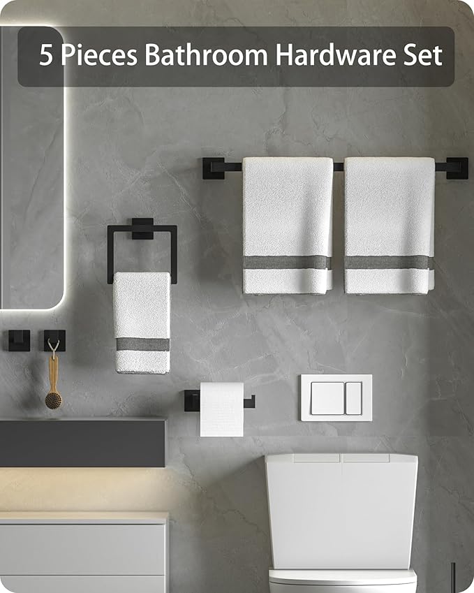 Bathroom Hardware Set Square,5 Pieces Bathroom Hardware Accessories Set Includs16 inch Towel bar, Towel Ring, Toilet Paper Holder, Towel Hooks (Black-5PCS-16Inch)