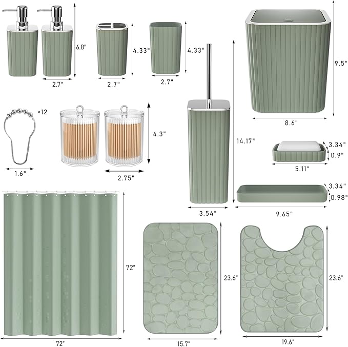 XLHOMO Bathroom Accessories Set - 25PC Sage Bathroom Set, Bathroom Set with Shower Curtain and Rugs, Sage Green Shower Curtain Set, Bathroom Accessory Set, Trash Can & Soap Dispenser