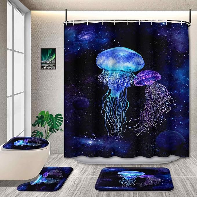 4 Pcs Jellyfish in Starry Galaxy Shower Curtain Sets, Fantasy Jellyfish Shower Curtains Waterproof Polyester Fabric, Fabric Universe Outer Space Theme Bathroom Decor with 12 Hooks, 72" x 72"