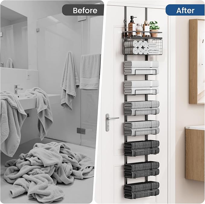 Aetyord Towel Racks for Bathroom Over The Door Towel Racks Towel Storage Organizer with Metal Shelf Basket for Bathroom Rv Camper (9-Tier Black)