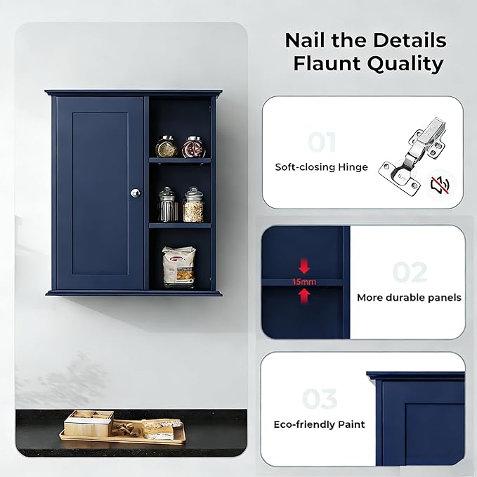 The Wide Usage Wall Medicine Cabinet with Storage Shelves & Anti-Dust Door for Bathroom, Living Room, Kitchen, Entryway,Bedroom (Blue)