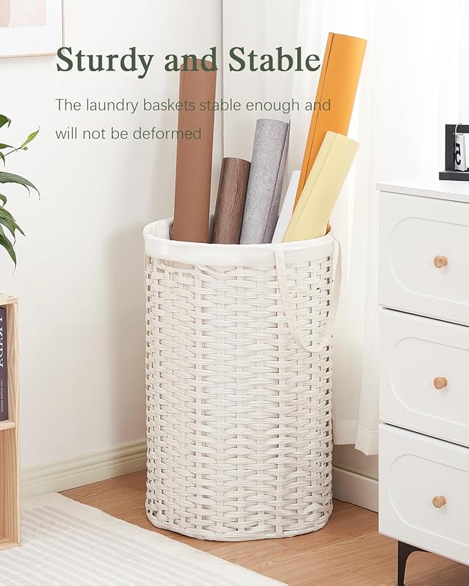 SETVSON 34.3 Gal (130 L) Large Laundry Hamper Laundry Basket Round Handwoven Wicker Laundry Baskets Rattan Laundry Basket with Removable Bag Handles 2 Mesh Bags for Living Room Bedroom White (No Lid)