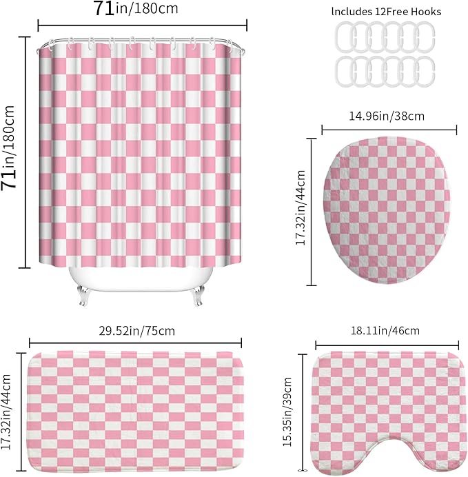 4 PCS Checkered Shower Curtain Sets Fun Gingham Bathroom Sets Soft Non Slip Bath Rugs Toilet Cover U-Shaped Mat Retro Bright Waterproof Shower Curtains with 12 Hooks for Tub Toilet, Pink