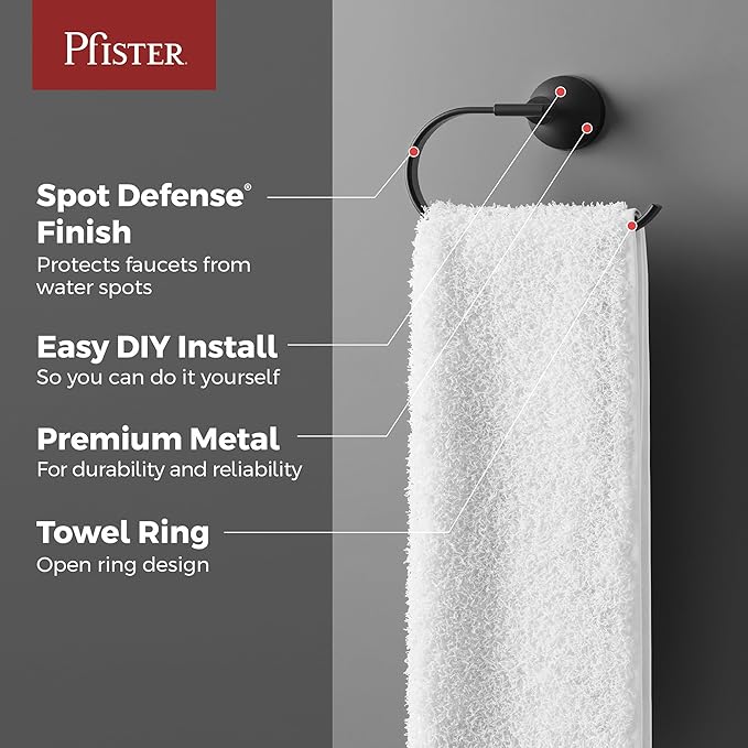 Pfister Vedra Towel Ring, Hand Towel Holder for Bathroom, Wall-Mounted, Screw-in, Matte Black Finish, BRBVED0B