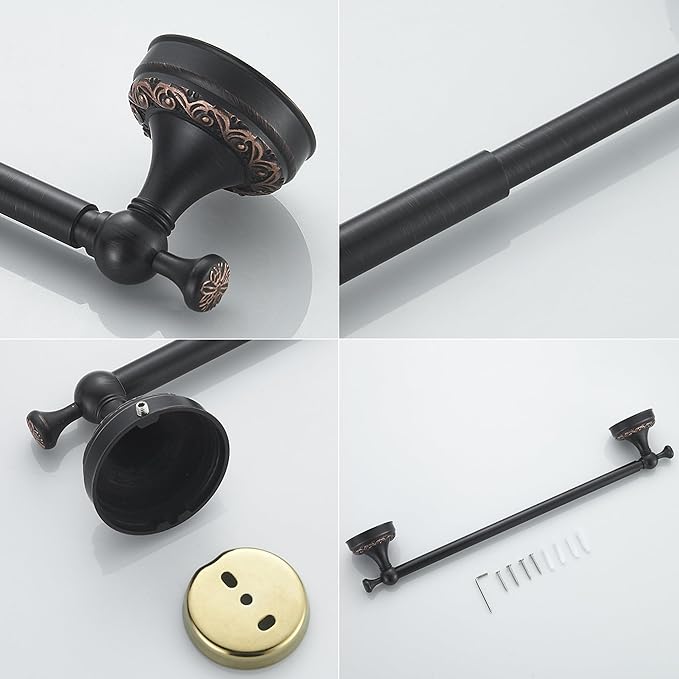 Oil Rubble Bronze Brass Single Towel Bar, Adjustable 15.5 to 27.5 Inch Bath Towel Bar Rack for Bathroom Towel Holder, Wall Mounted Black Bathroom Hardware Accessories,Pattern Carving Design