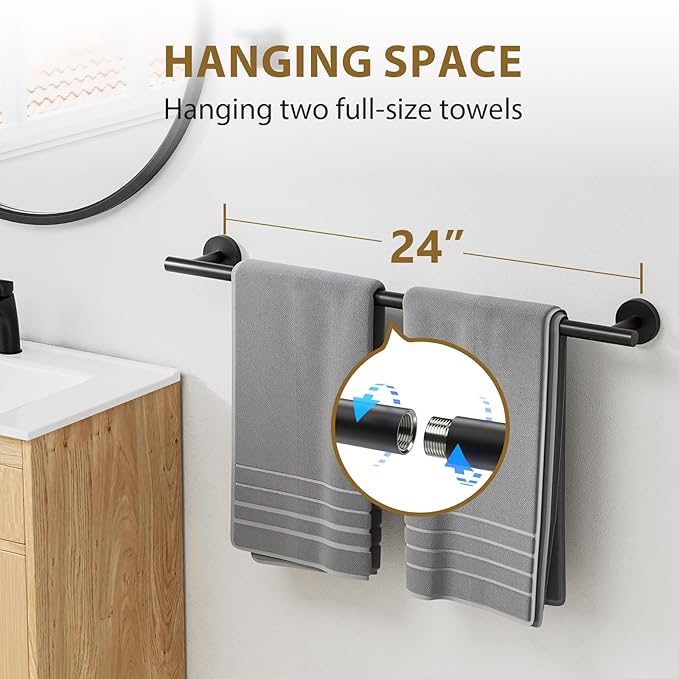 Luxbaro Matte Black Towel Bar Set, Modern 24 Inch Bathroom Hardware Set, Wall Mounted Bathroom Accessories Set, Durable SUS304 Stainless Steel, 4-Piece