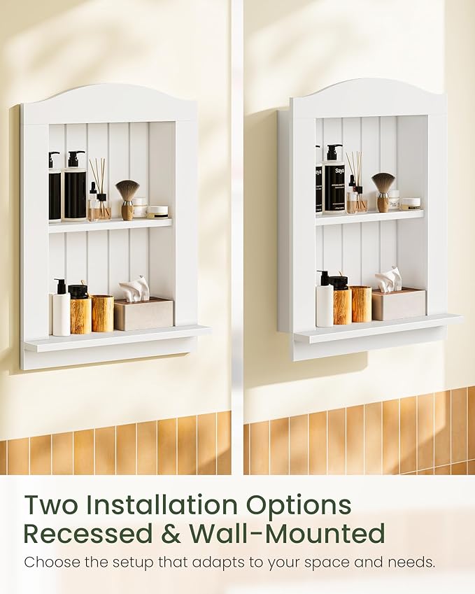 CHOEZON Recessed Wall Niche, 2-Tier Recessed Medicine Cabinet, Bathroom Cabinet Wall Mount, Bamboo Medicine Organizer, Wall Storage Cabinet, for Bathroom, Living Room, Kitchen, White