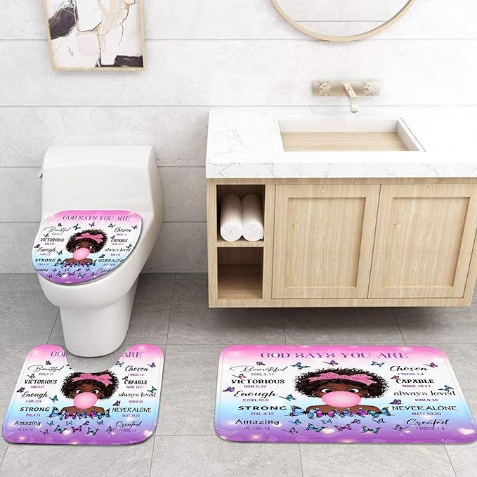 4 Piece Shower Curtain Set, Inspirational Thoughts Waterproof Bathroom Set Accessories with Non-Slip Rugs, Toilet Lid Cover Bath Mat and 12 Hooks, Cute African Black Girl Home Decor 72" x 72"